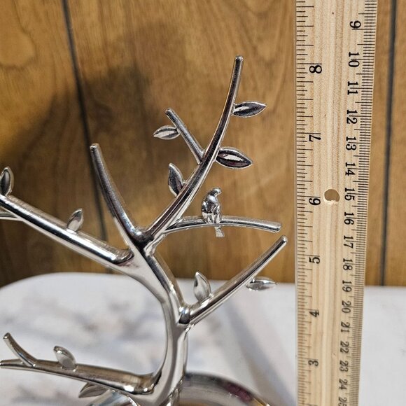 Jewelry Display Tree Non Tarnish Silver Toned w Birds and Round Shallow Dish - Picture 5 of 6